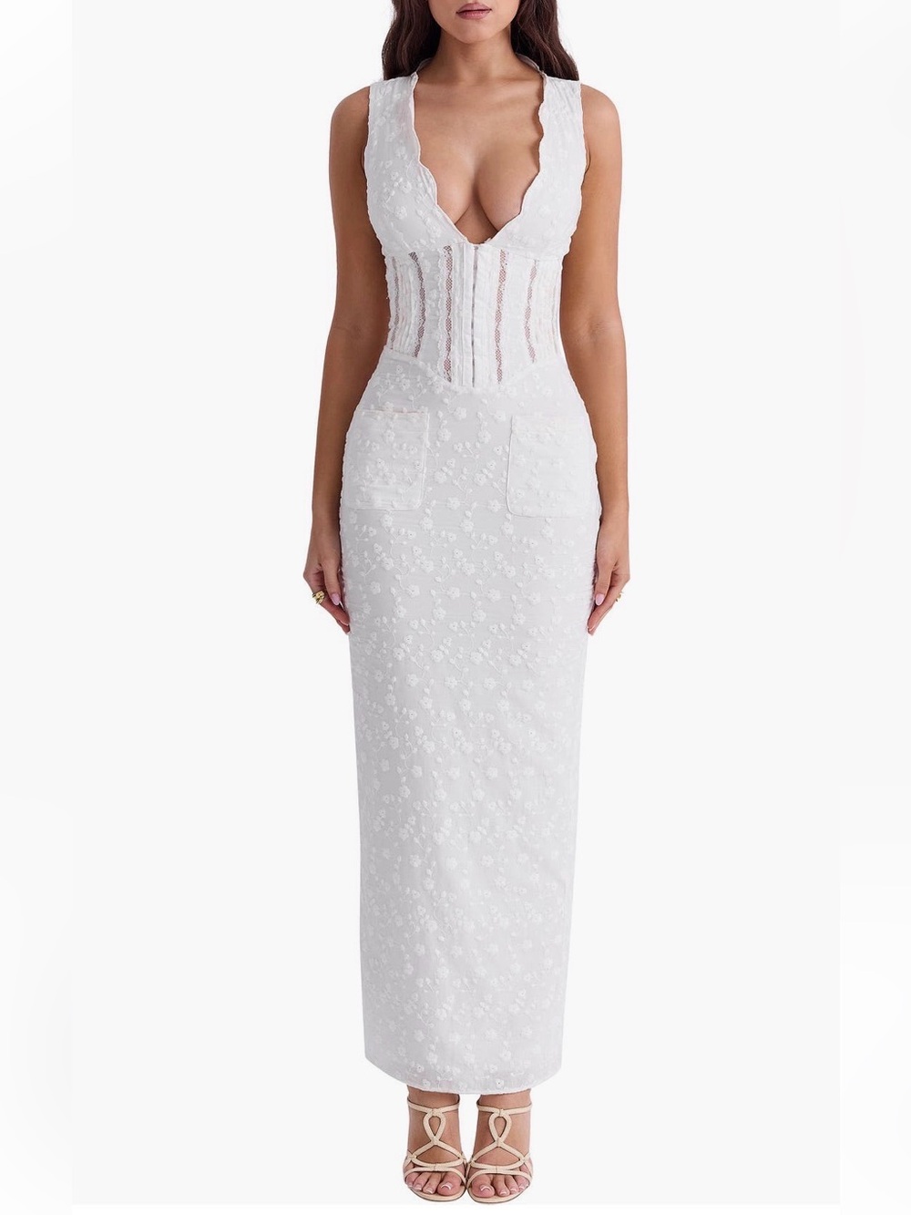 House Of Cb Sophina Embroidered Plunge V Neck Bustier Maxi Dress